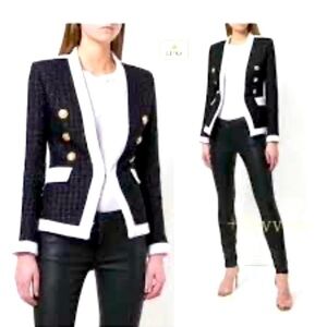 Central Park West knit blazer black with white trim gold buttons size medium